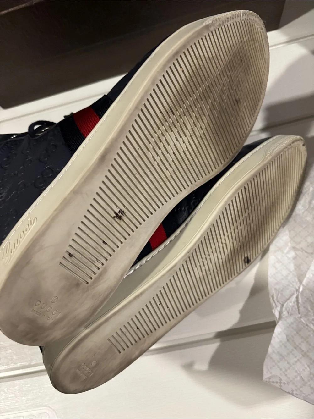 Gucci Navy High-Top Sneakers with Red Stripe